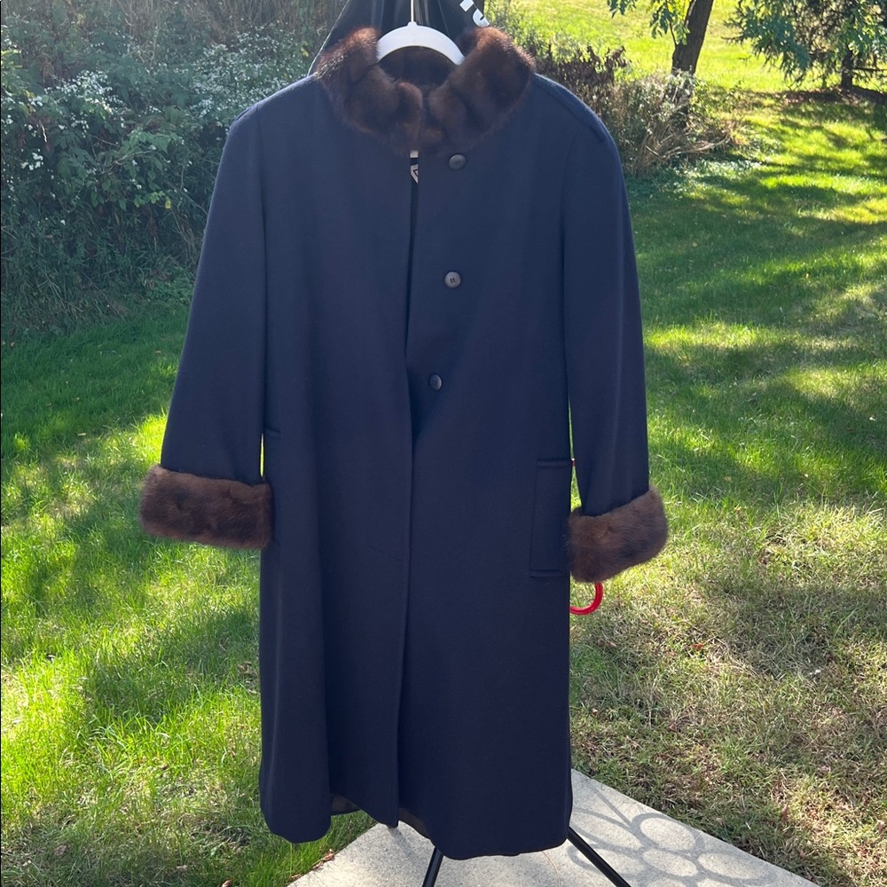 Vintage Marvin Richards USA Full Length Navy Pea Coat Winter Coat Brown Fur Trim